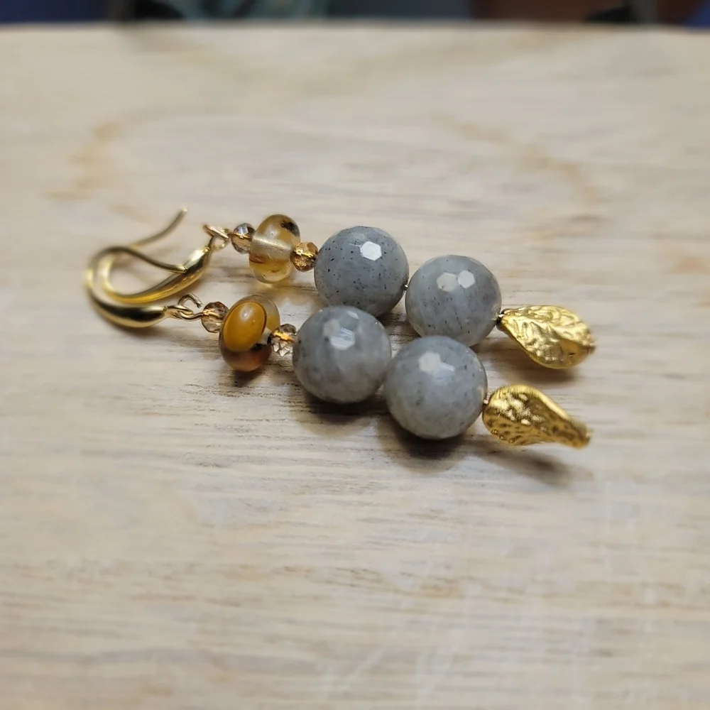 Handmade Labradorite & Volcano Cherry Quartz Dangle Earrings Gold Leaf Charm